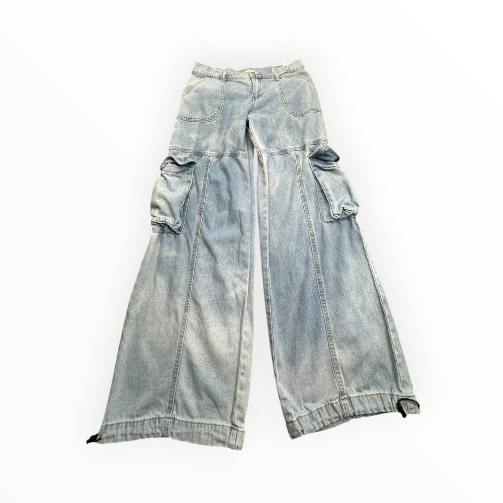 Simple Society Cargo‎ Jeans Womens 0/24 Light Wash 22170-L Wide Leg Bungee Hem
